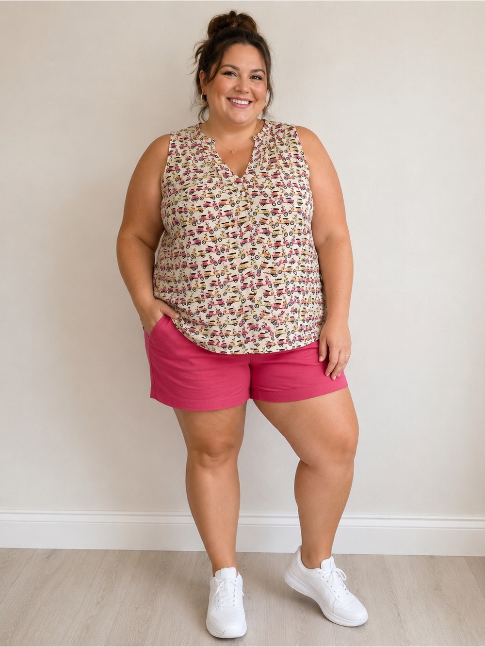 Maeve Cream Tank Top with Pink and Yellow Scooter Print